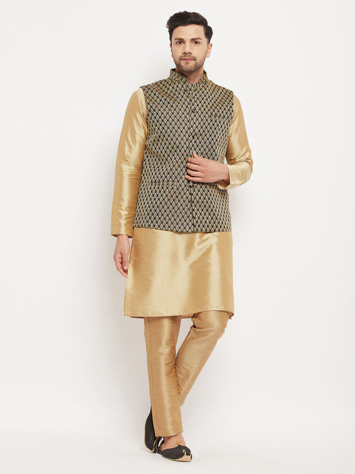 Sarvati Men's Black Ethnic Jacket With Rose Gold Silk Blend Kurta and Pant Style Pyjama Set