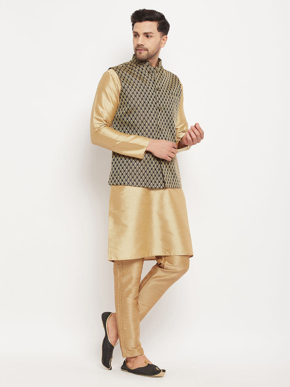 Sarvati Men's Black Ethnic Jacket With Rose Gold Silk Blend Kurta and Pant Style Pyjama Set