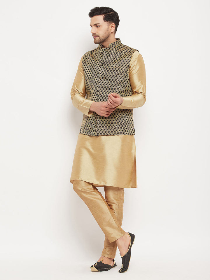 Sarvati Men's Black Ethnic Jacket With Rose Gold Silk Blend Kurta and Pant Style Pyjama Set