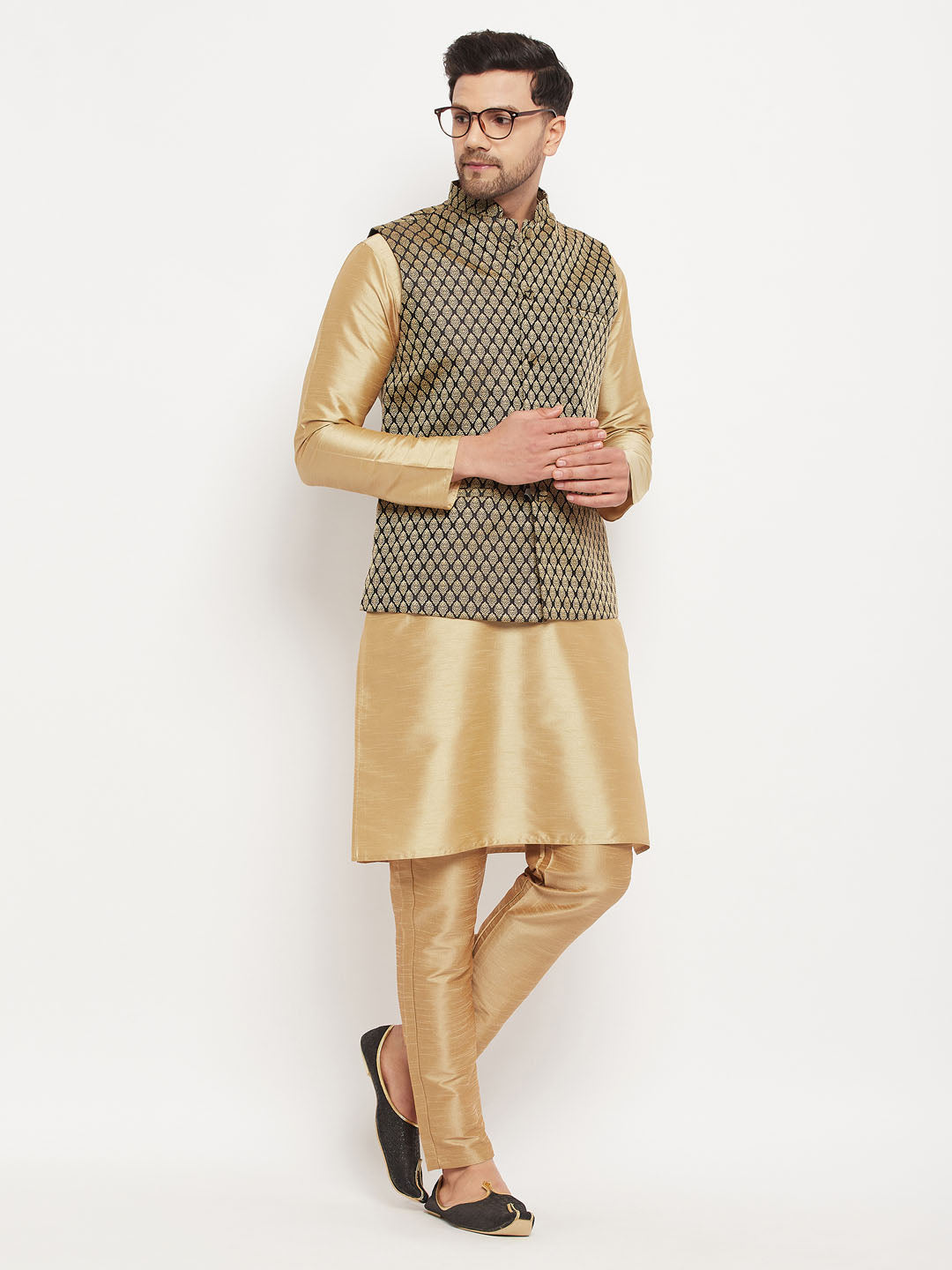 Sarvati Men's Black Ethnic Jacket With Rose Gold Silk Blend Kurta and Pant Style Pyjama Set