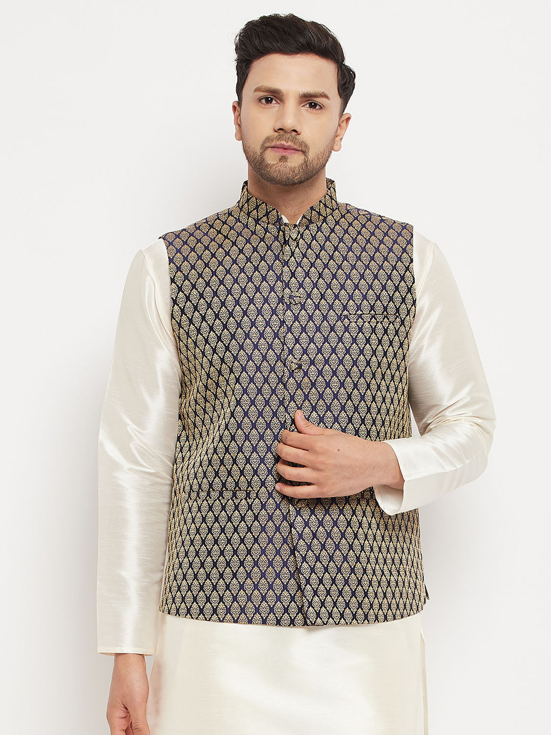 Men's Blue Cotton Silk Blend Ethnic Jacket
