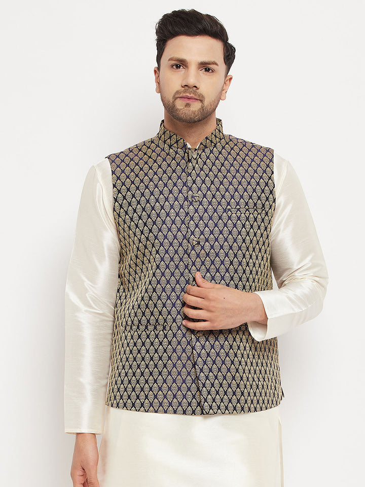 Men's Blue Cotton Silk Blend Ethnic Jacket