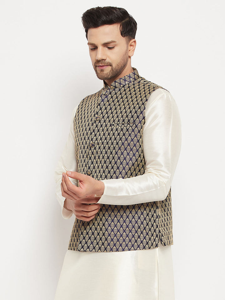 Men's Blue Cotton Silk Blend Ethnic Jacket