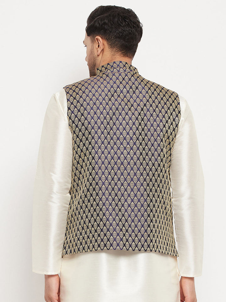Men's Blue Cotton Silk Blend Ethnic Jacket