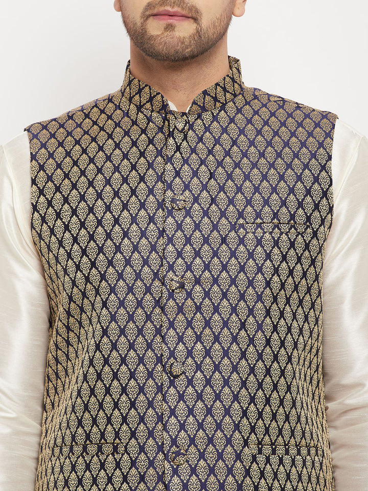 Men's Blue Cotton Silk Blend Ethnic Jacket