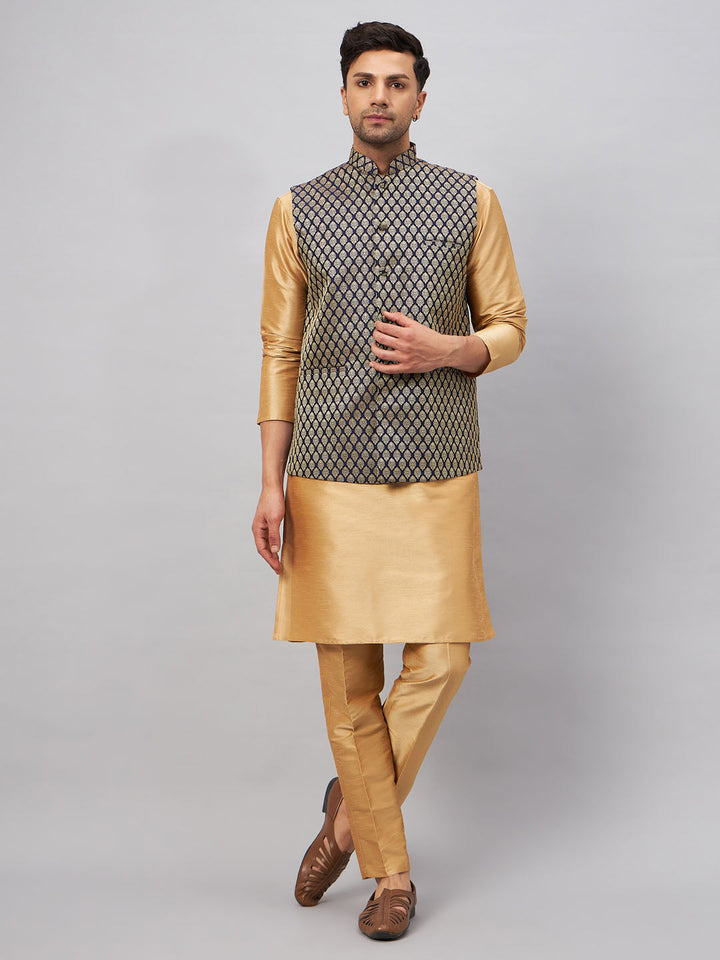 Sarvati Men's Blue Ethnic Jacket With Rose Gold Silk Blend Kurta and Pant Style Pyjama Set