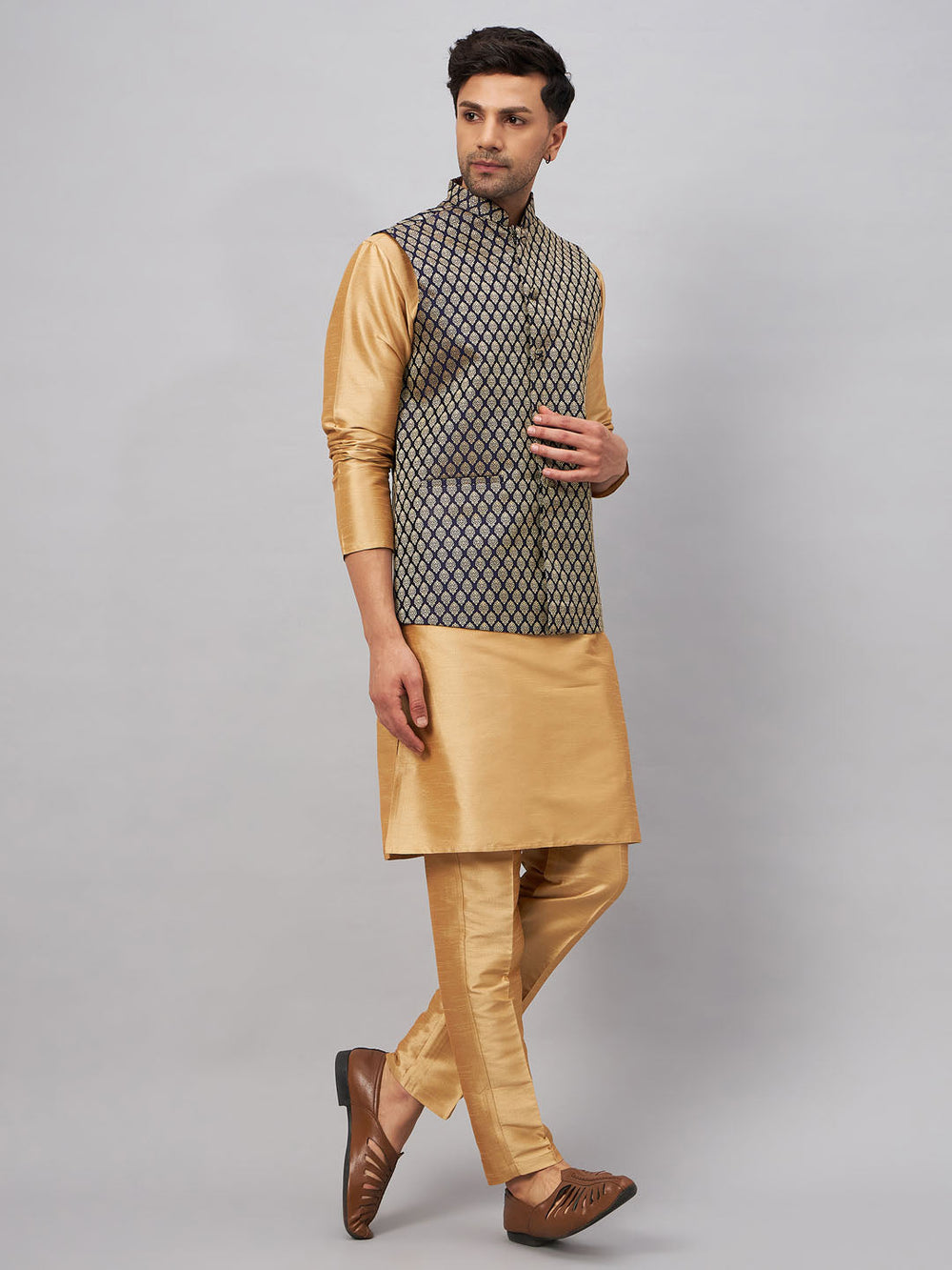 Sarvati Men's Blue Ethnic Jacket With Rose Gold Silk Blend Kurta and Pant Style Pyjama Set