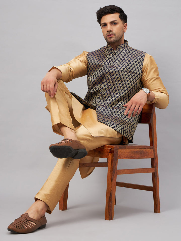 Sarvati Men's Blue Ethnic Jacket With Rose Gold Silk Blend Kurta and Pant Style Pyjama Set