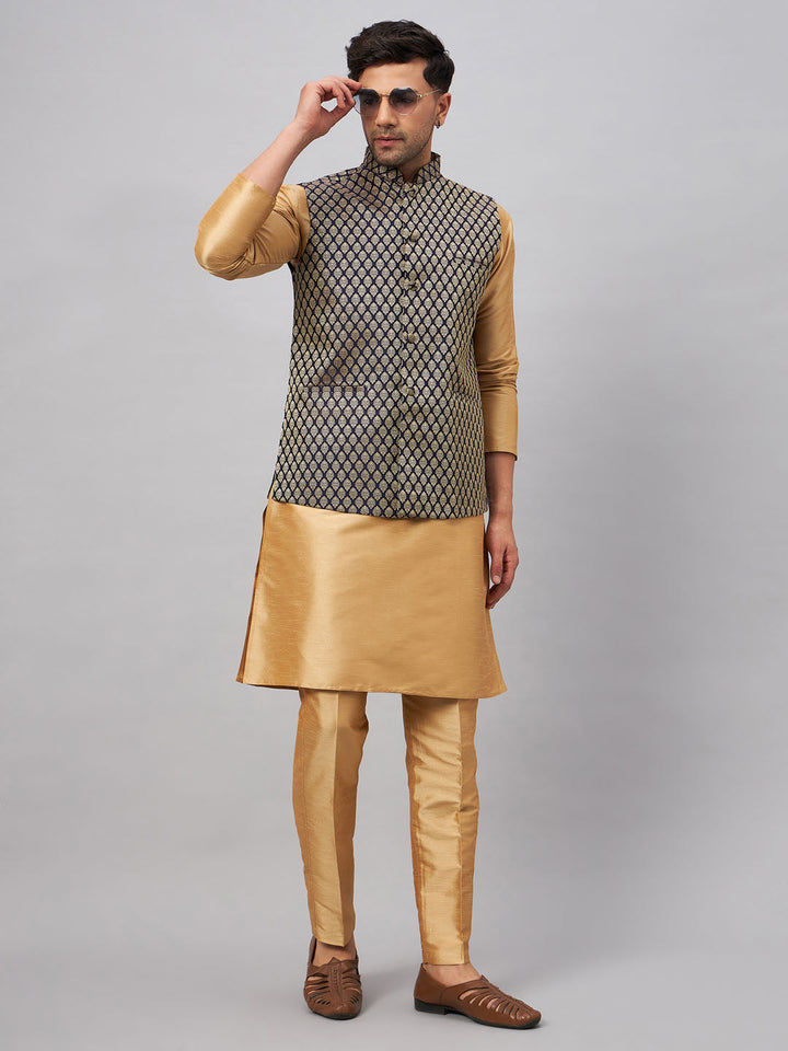 Sarvati Men's Blue Ethnic Jacket With Rose Gold Silk Blend Kurta and Pant Style Pyjama Set