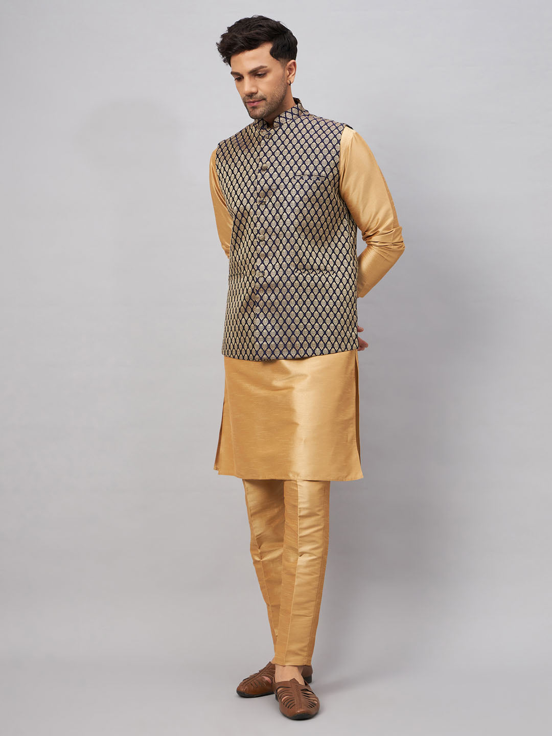 Sarvati Men's Blue Ethnic Jacket With Rose Gold Silk Blend Kurta and Pant Style Pyjama Set