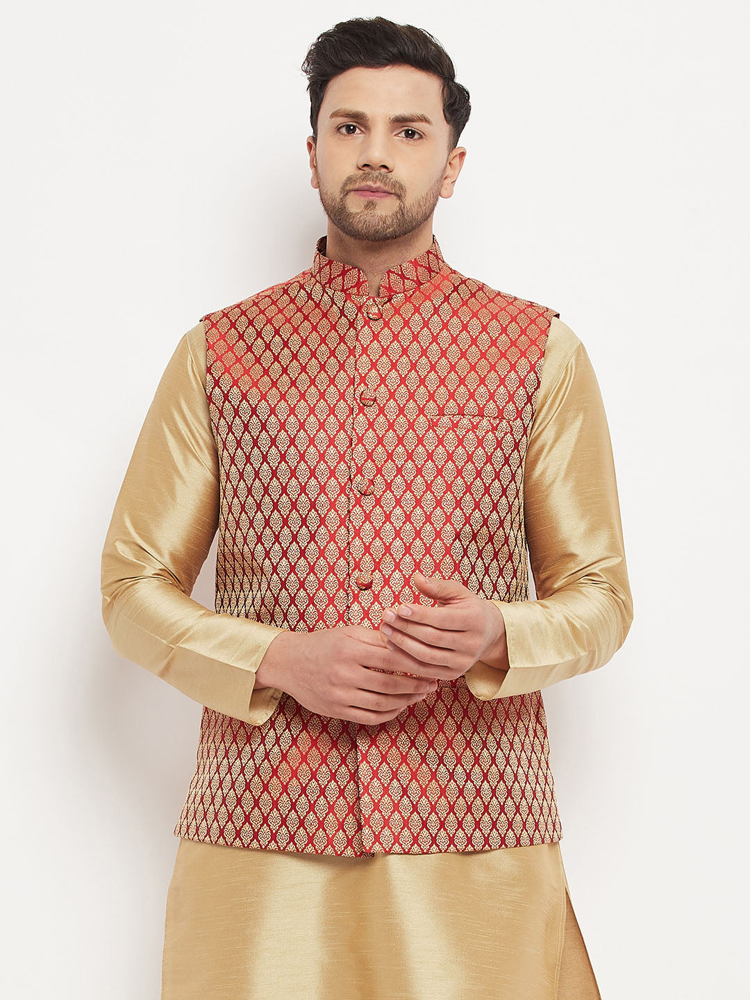 Men's Maroon Cotton Silk Blend Ethnic Jacket