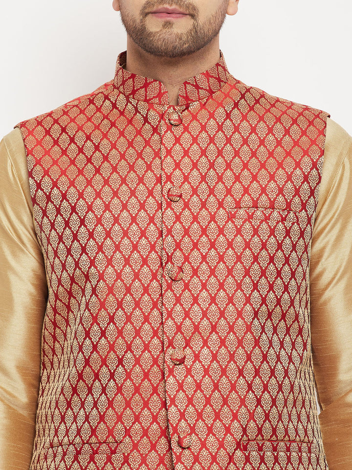 Men's Maroon Cotton Silk Blend Ethnic Jacket