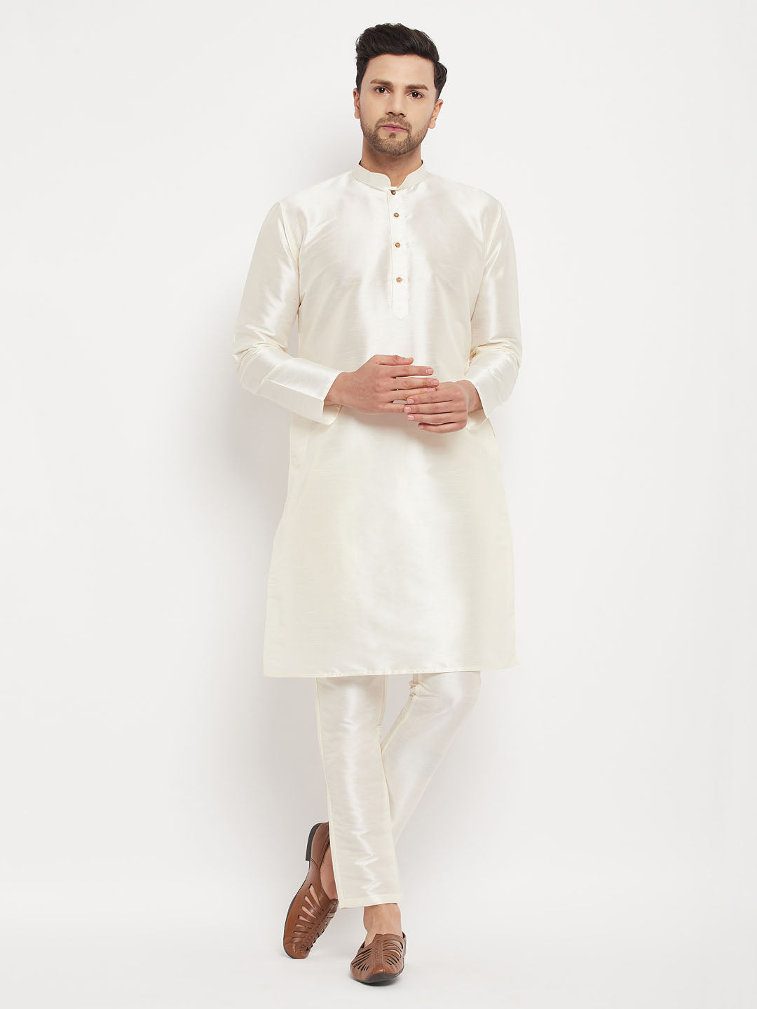 Sarvati Men's Cream Cotton Silk Blend Kurta and Pant Style Pyjama Set