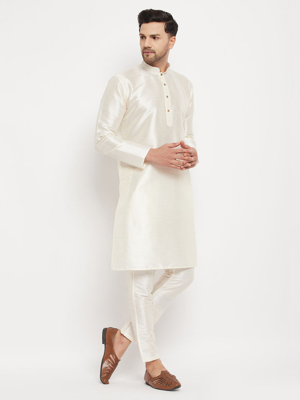 Sarvati Men's Cream Cotton Silk Blend Kurta and Pant Style Pyjama Set