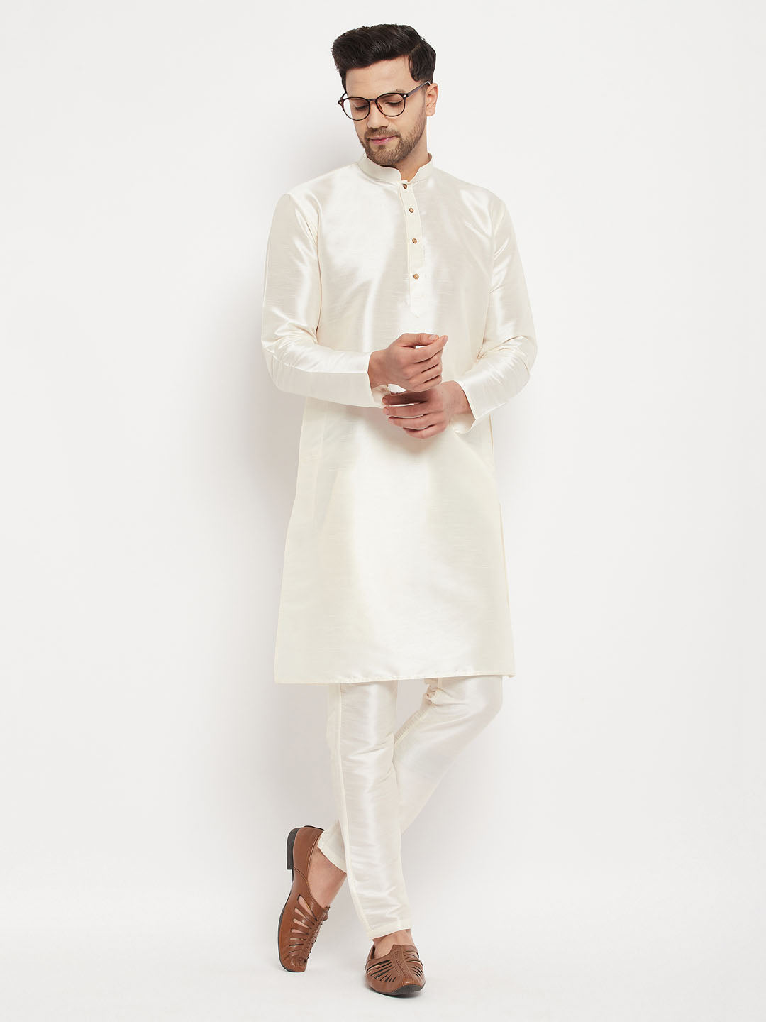 Sarvati Men's Cream Cotton Silk Blend Kurta and Pant Style Pyjama Set