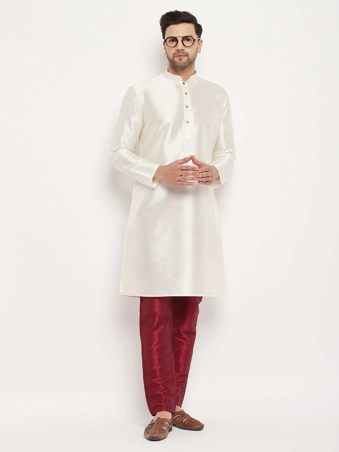 Sarvati Men's Cream Cotton Silk Blend Kurta and Maroon Pant Style Pyjama Set