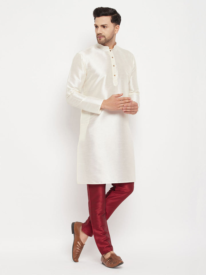 Sarvati Men's Cream Cotton Silk Blend Kurta and Maroon Pant Style Pyjama Set