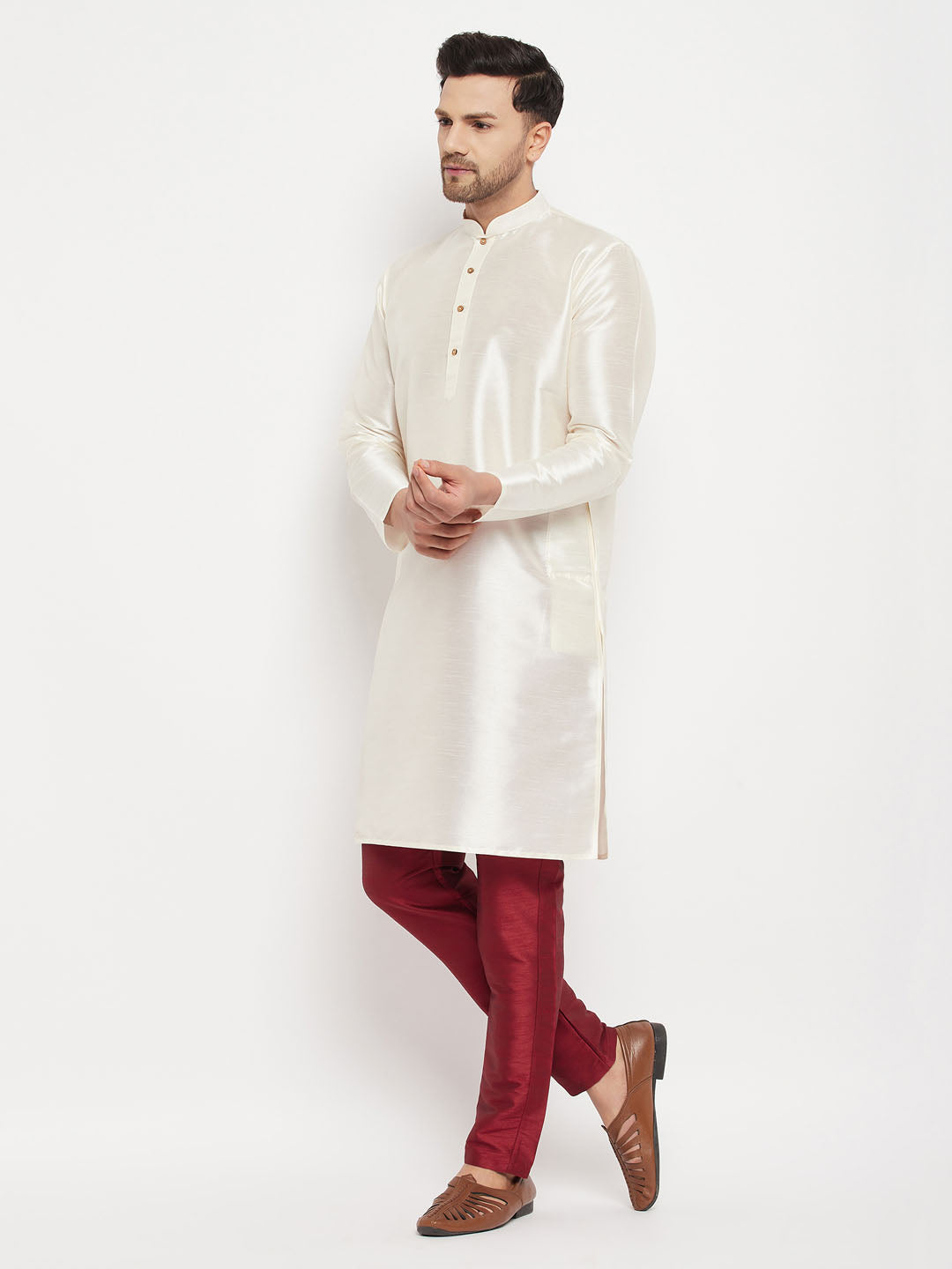 Sarvati Men's Cream Cotton Silk Blend Kurta and Maroon Pant Style Pyjama Set