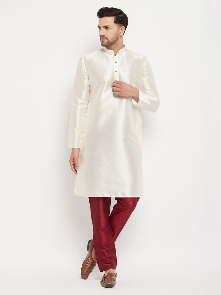 Sarvati Men's Cream Cotton Silk Blend Kurta and Maroon Pant Style Pyjama Set