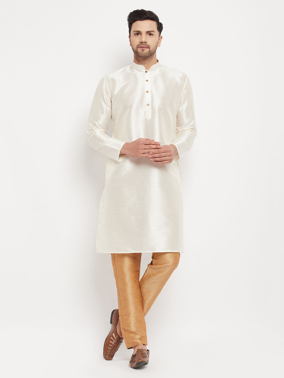 Sarvati Men's Cream Cotton Silk Blend Kurta and Rose Gold Pant Style Pyjama Set