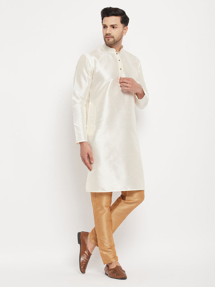 Sarvati Men's Cream Cotton Silk Blend Kurta and Rose Gold Pant Style Pyjama Set