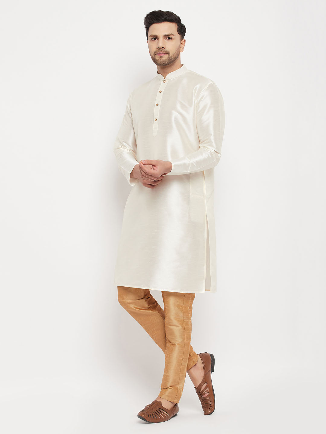 Sarvati Men's Cream Cotton Silk Blend Kurta and Rose Gold Pant Style Pyjama Set