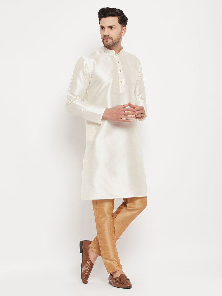 Sarvati Men's Cream Cotton Silk Blend Kurta and Rose Gold Pant Style Pyjama Set