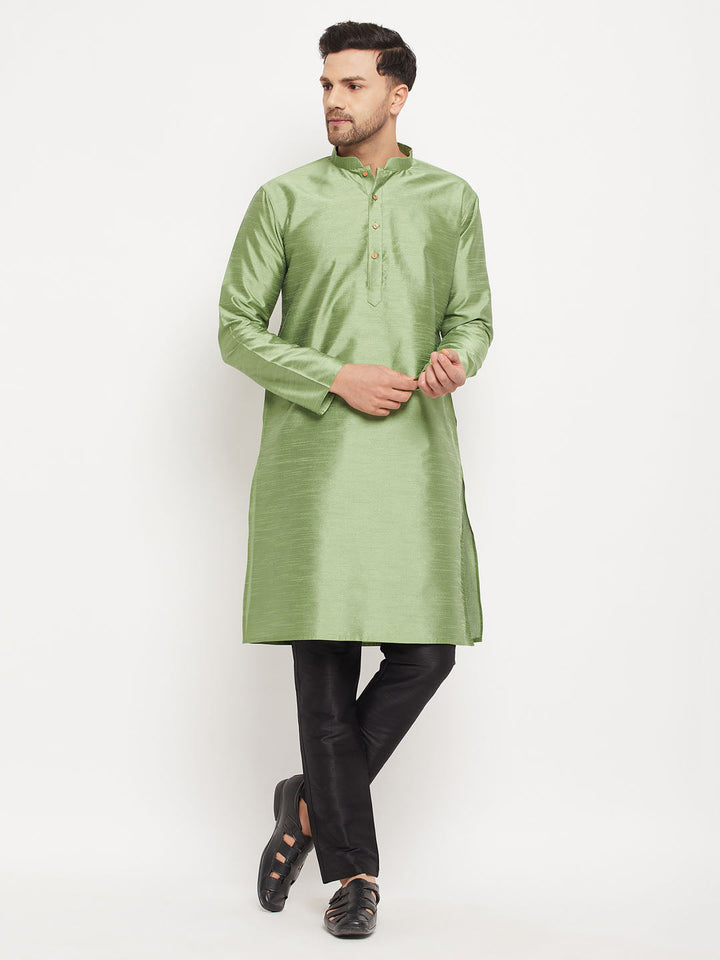 Men's Light Green Cotton Silk Blend Kurta and Black Pant Style Pyjama Set