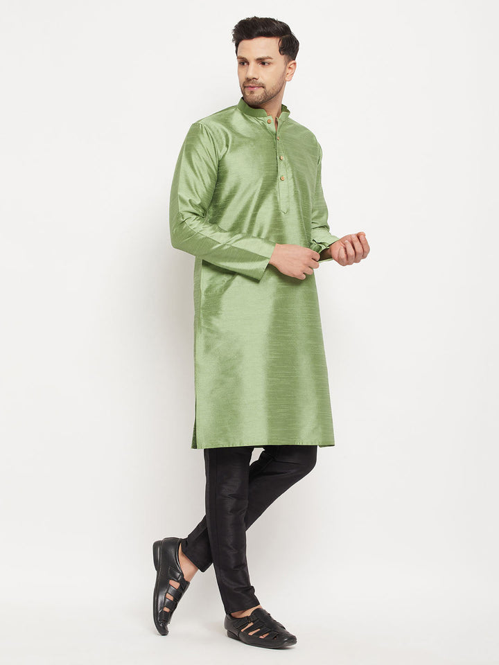 Men's Light Green Cotton Silk Blend Kurta and Black Pant Style Pyjama Set