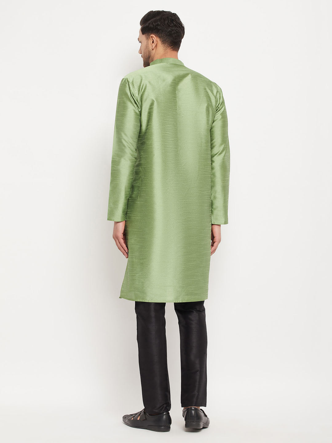 Men's Light Green Cotton Silk Blend Kurta and Black Pant Style Pyjama Set