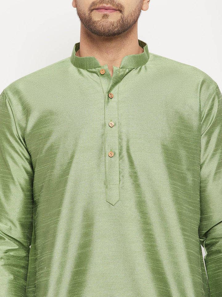 Men's Light Green Cotton Silk Blend Kurta and Black Pant Style Pyjama Set