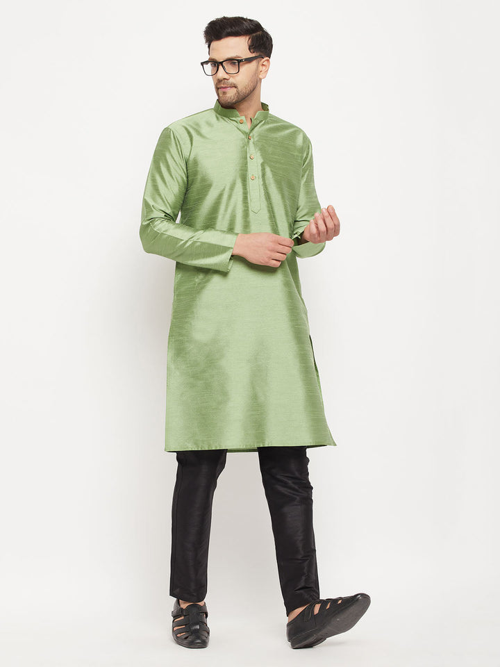 Men's Light Green Cotton Silk Blend Kurta and Black Pant Style Pyjama Set