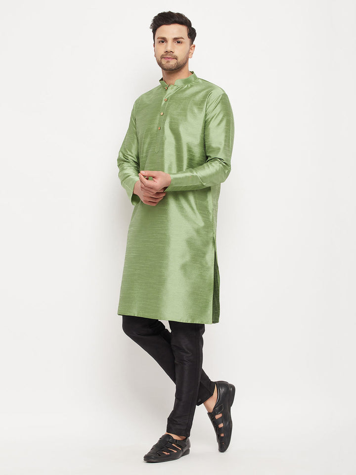 Men's Light Green Cotton Silk Blend Kurta and Black Pant Style Pyjama Set