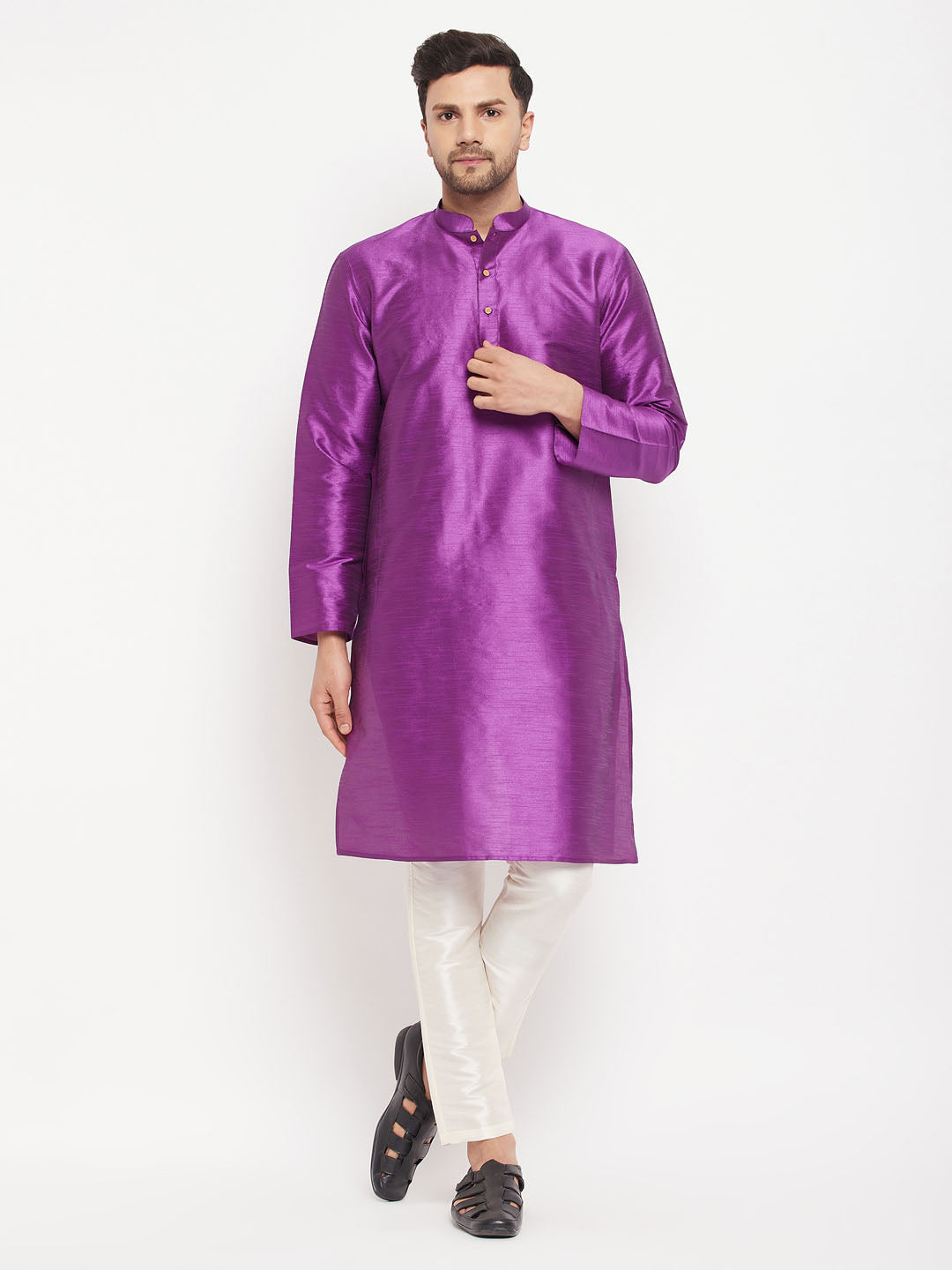 Sarvati Men's Purple Cotton Silk Blend Kurta and Cream Pant Style Pyjama Set