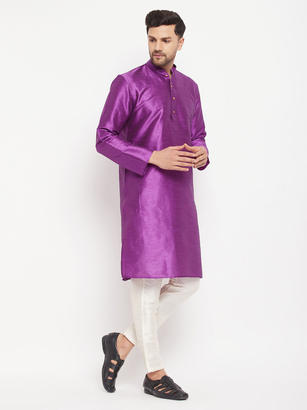 Sarvati Men's Purple Cotton Silk Blend Kurta and Cream Pant Style Pyjama Set