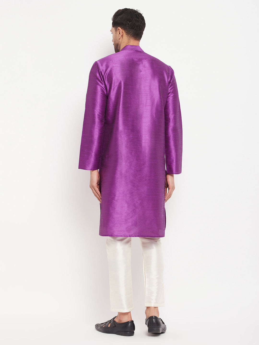 Sarvati Men's Purple Cotton Silk Blend Kurta and Cream Pant Style Pyjama Set