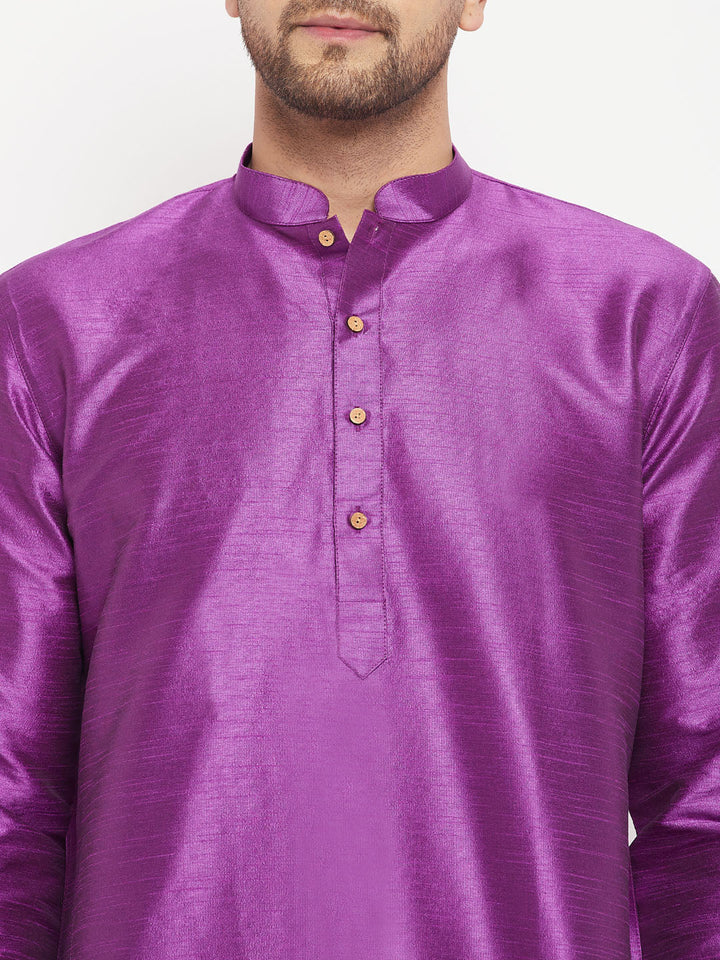 Sarvati Men's Purple Cotton Silk Blend Kurta and Cream Pant Style Pyjama Set