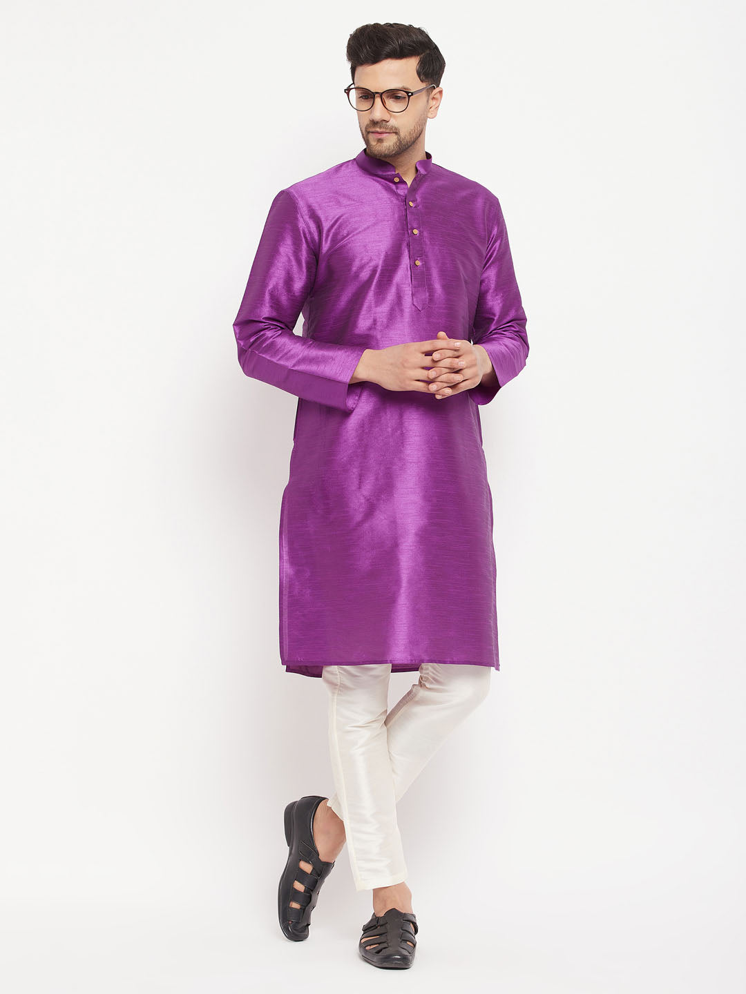 Sarvati Men's Purple Cotton Silk Blend Kurta and Cream Pant Style Pyjama Set