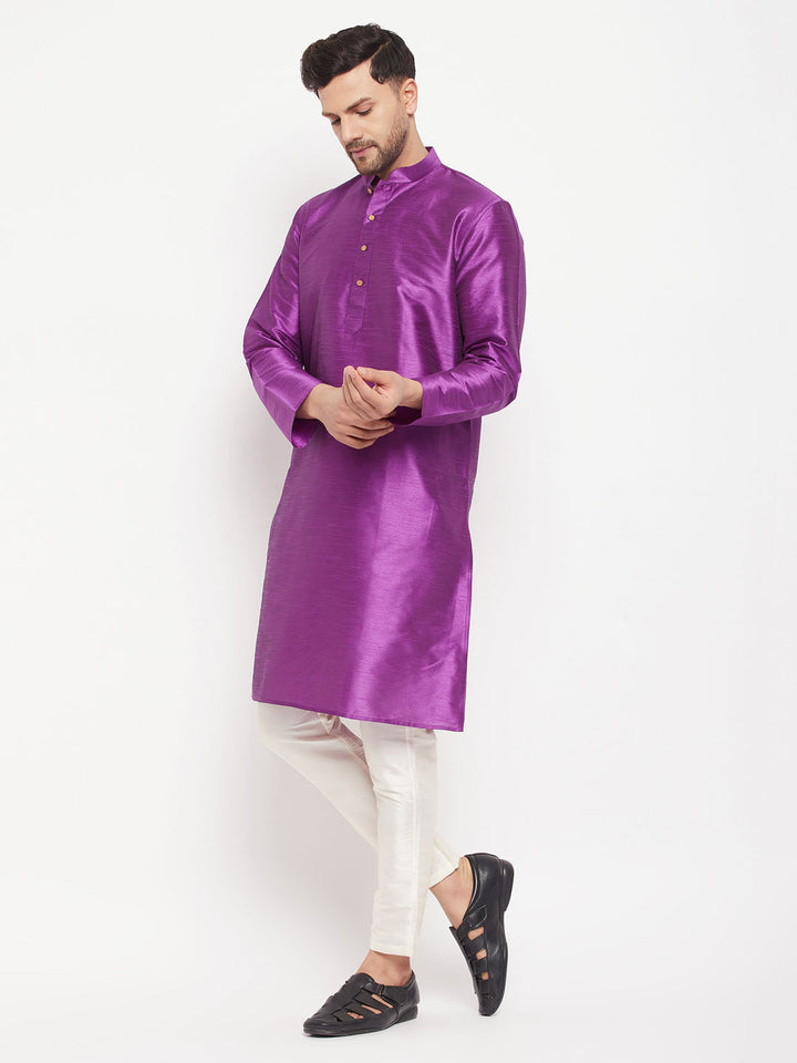 Sarvati Men's Purple Cotton Silk Blend Kurta and Cream Pant Style Pyjama Set