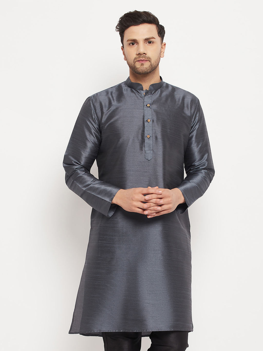 Men's Grey Cotton Silk Blend Kurta