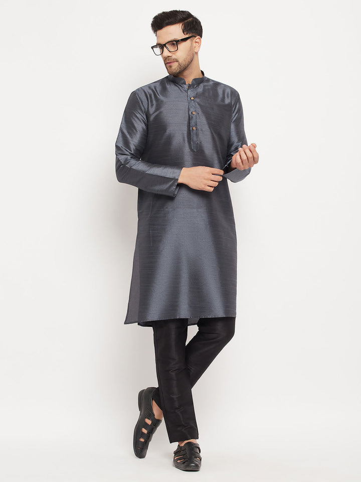 Men's Grey Cotton Silk Blend Kurta