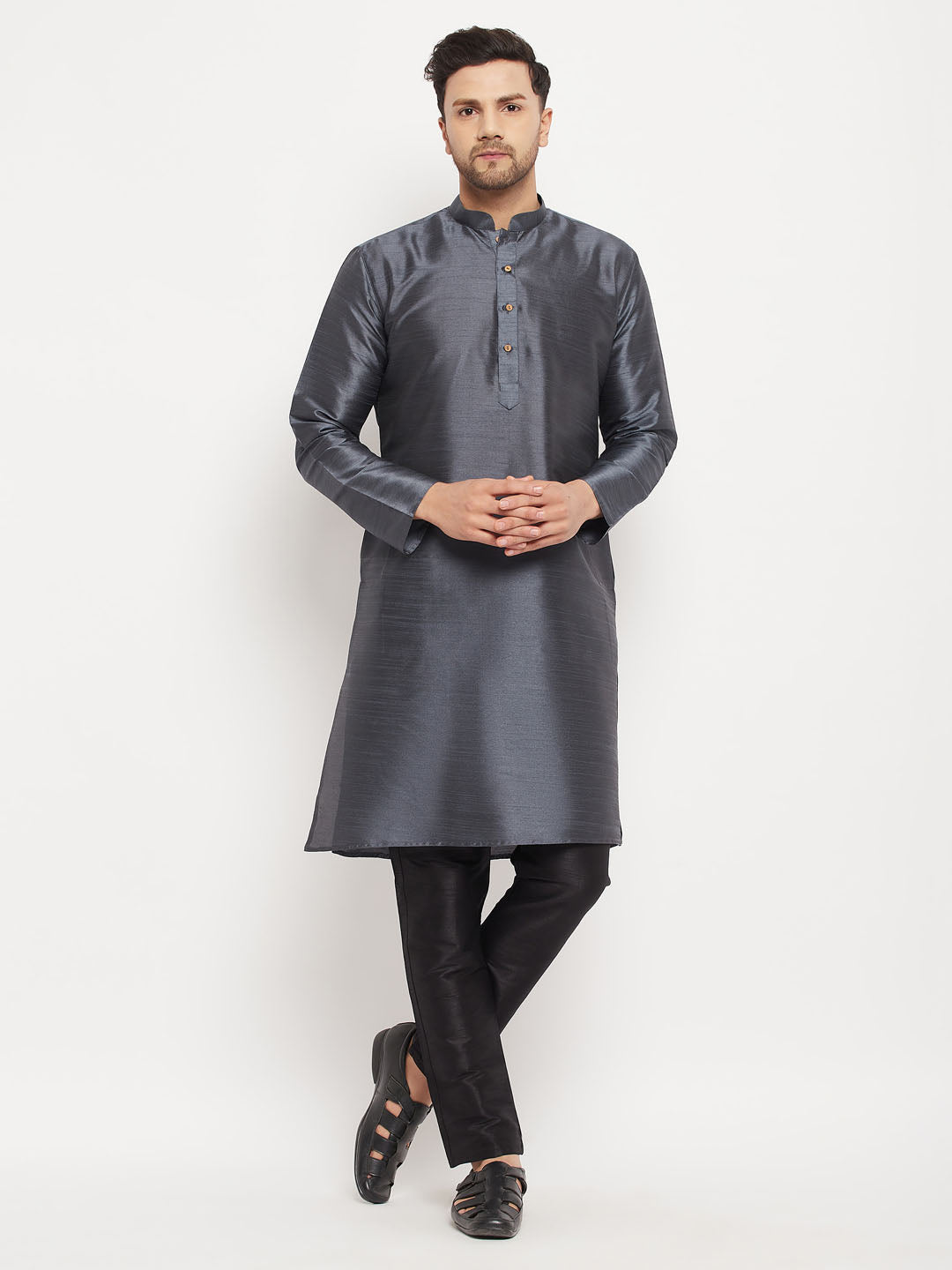 Sarvati Men's Grey Cotton Silk Blend Kurta and Black Pant Style Pyjama Set