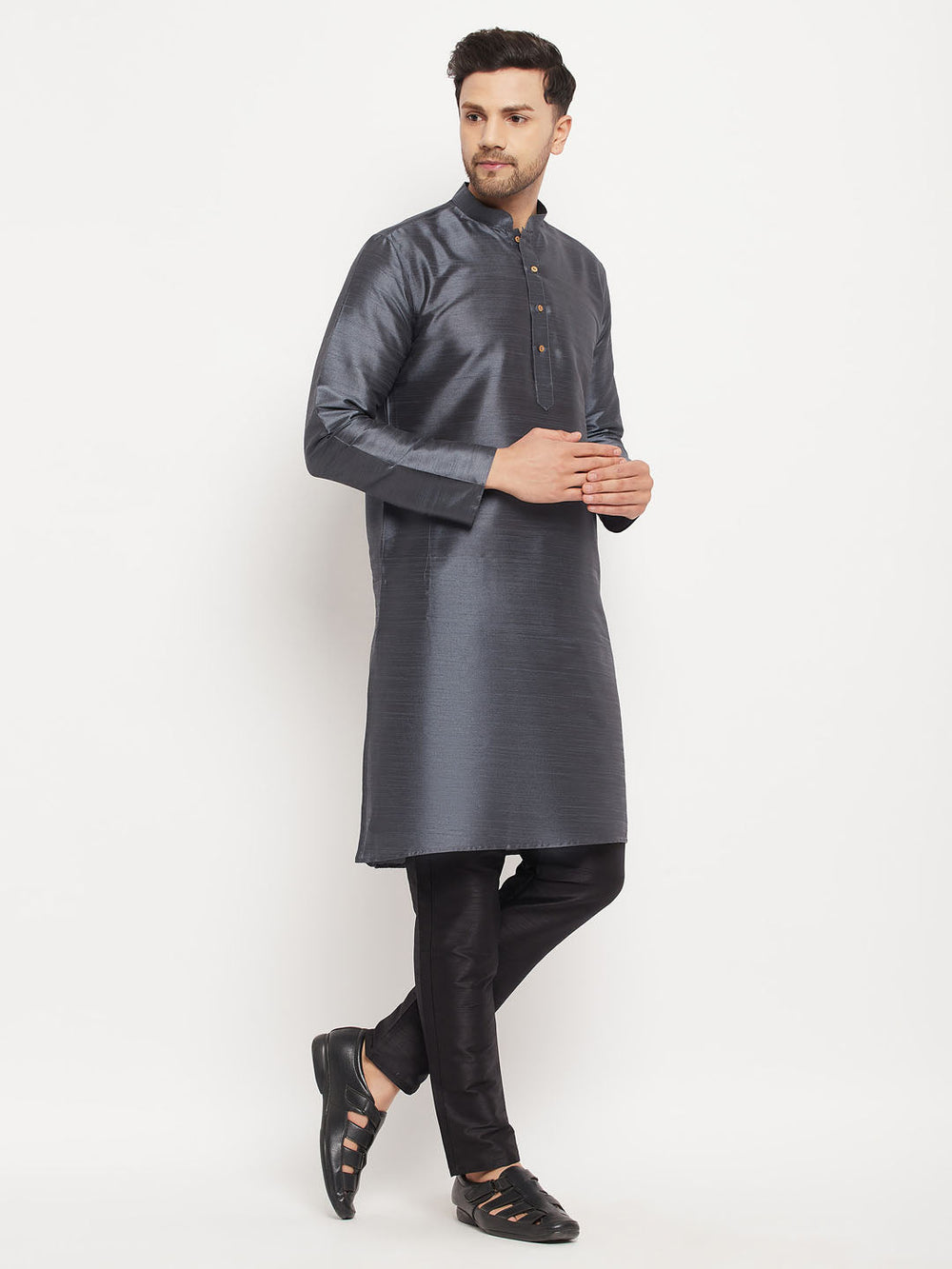 Sarvati Men's Grey Cotton Silk Blend Kurta and Black Pant Style Pyjama Set