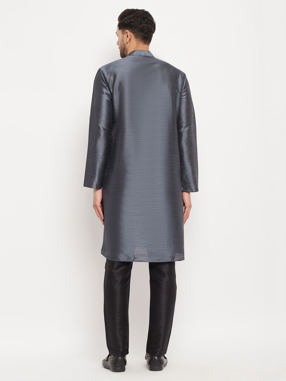 Sarvati Men's Grey Cotton Silk Blend Kurta and Black Pant Style Pyjama Set