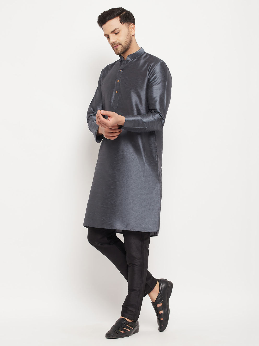 Sarvati Men's Grey Cotton Silk Blend Kurta and Black Pant Style Pyjama Set