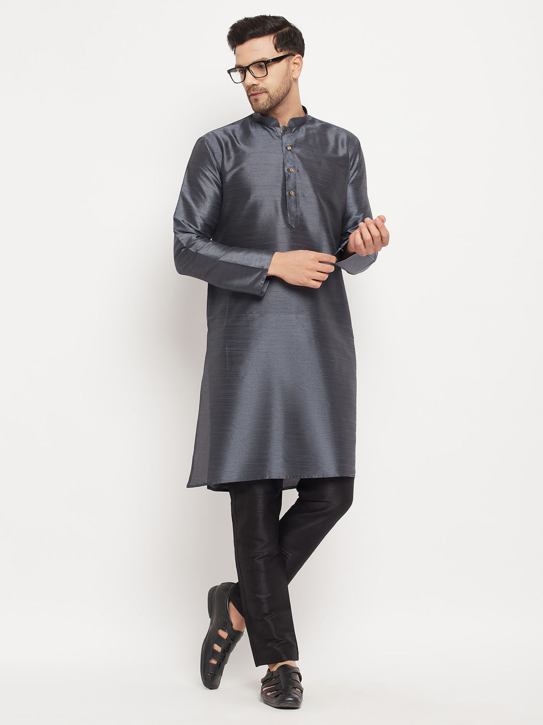 Sarvati Men's Grey Cotton Silk Blend Kurta and Black Pant Style Pyjama Set