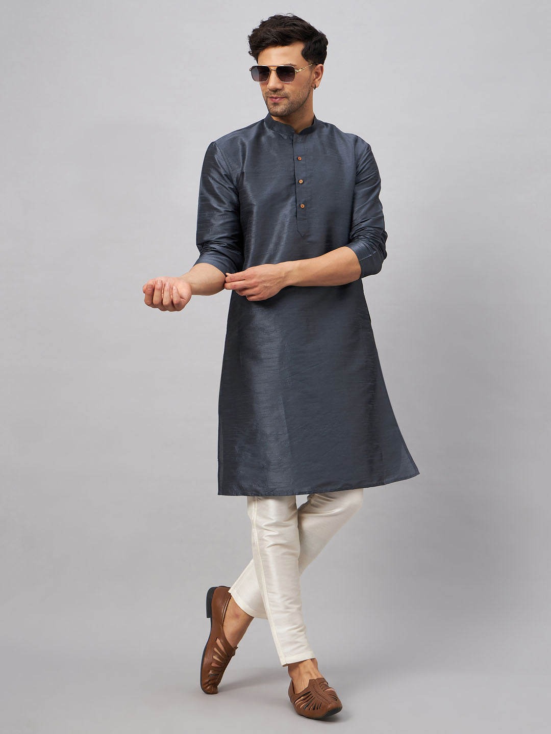 Sarvati Men's Grey Cotton Silk Blend Kurta and Cream Pant Set