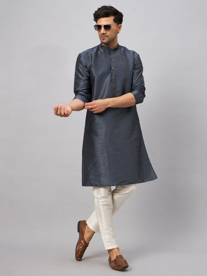 Sarvati Men's Grey Cotton Silk Blend Kurta and Cream Pant Set