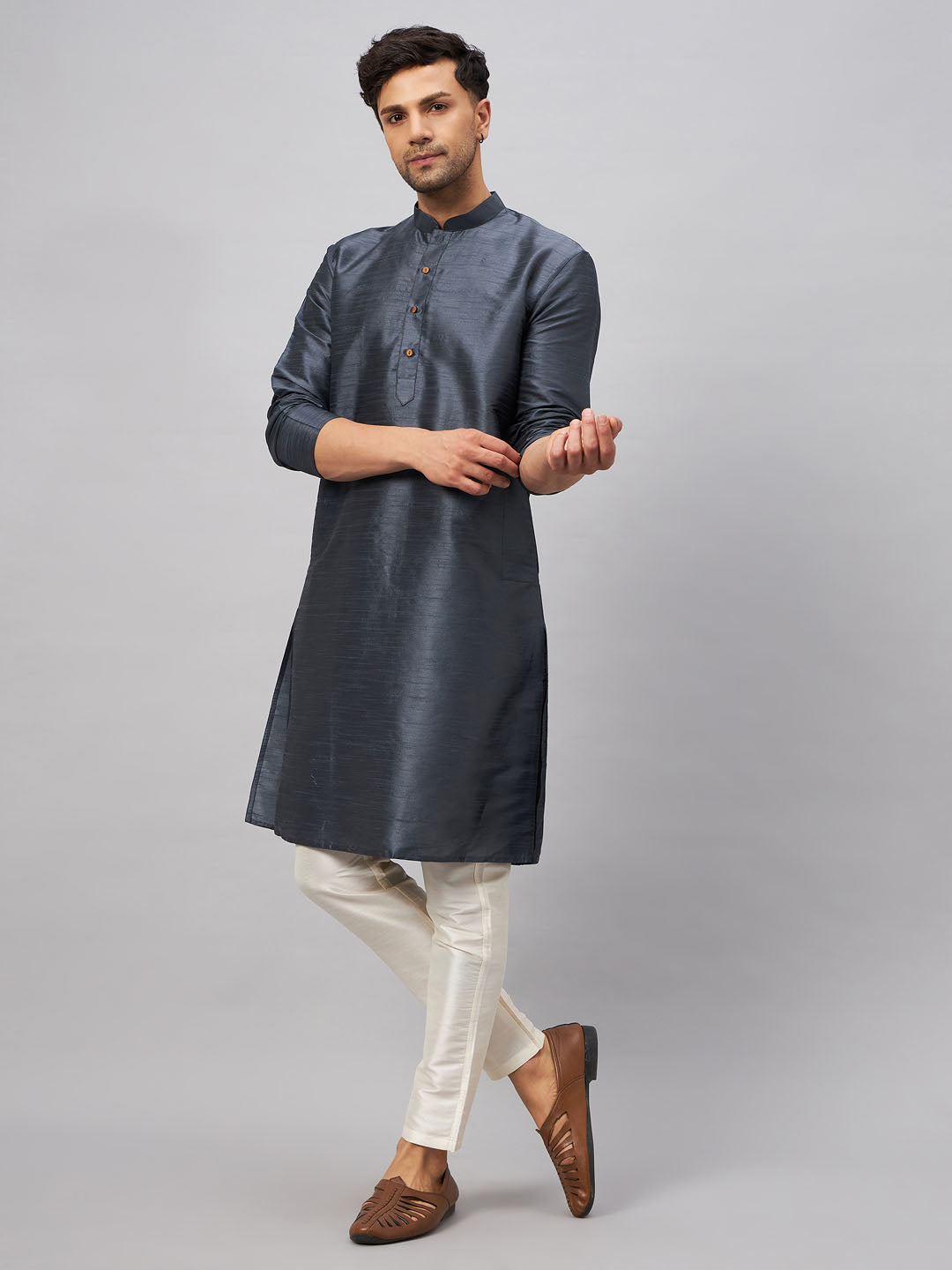 Sarvati Men's Grey Cotton Silk Blend Kurta and Cream Pant Set
