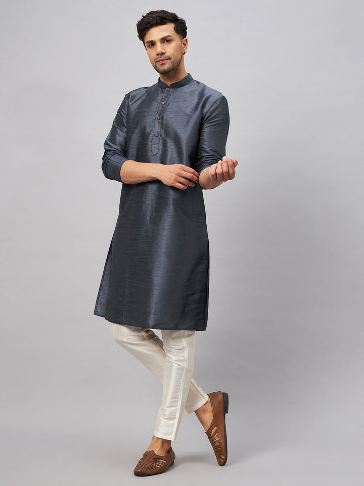 Sarvati Men's Grey Cotton Silk Blend Kurta and Cream Pant Set